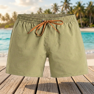 Shorts de Playa para Hombre, Color Verde Oliva Sólido, Secado Rápido, Cintura Elástica, Tejido Medio, Poliéster, Traje de Baño - Product Image 3