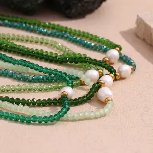 Green Resin Beaded Jewelry Fresh Water Pearl Chain Necklace Stainless Steel Choker