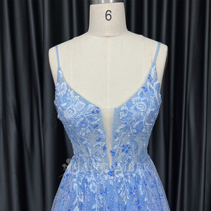 Robe de bal bleue à bretelles perlées, col en V profond, corsage brillant, dos lacé Hx129 - Product Image 6