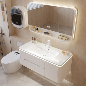 Modern Cream White Floating Bathroom <b>Vanity</b> Solid Wood Cabinet with Smart LED <b>Mirror</b> Integrated Sink - Product Image 5