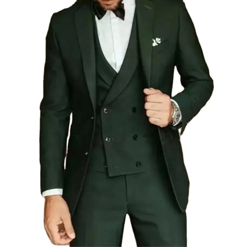 Designer Dark Green Men Wedding Tuxedos Groom Formal Wear Peaked Lapel Slim Fit Mens Suits 3 Pieces Groomsmen Formal Blazer