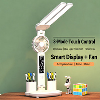 Lampe de bureau LED moderne blanche à 3 couleurs, rechargeable, à intensité variable, pour la lecture et l'étude, avec porte-stylo, affichage de l'heure, de la date et de la température