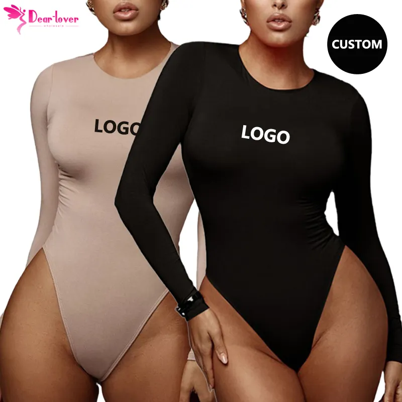 Dear-Lover Private Label OEM ODM Body Ladies One Piece Nude Basic bianco nero manica lunga a coste Logo personalizzato Body donna