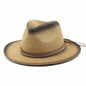 Custom Unisex Vintage Ombre Printed Paper Straw Sun <b>Hat</b> New Trendy Panama Style with Rivet Belt <b>for</b> Outdoor Beach & Travel - Product Image 5