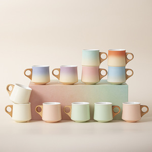 New Product Wood Handle Ceramic Espresso <b>Cup</b> <b>Set</b> Gradient Color Porcelain <b>Cup</b> <b>Sets</b> for Coffee and <b>Tea</b> - Product Image 5