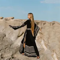 2026 noir caftan Kimono tunique femmes auto-serré imprimé été plage robe grande taille maillot de bain couverture dos cou Logo col en v