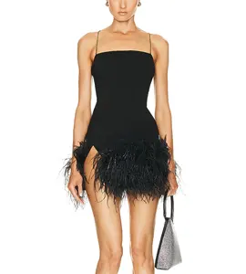 Verano sin mangas Mini pluma adornado espalda cruzada con madurez Sexual femenina único elegante negro Club vestido