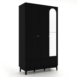 Modern Black <b>3</b> <b>Door</b> <b>Wardrobe</b> <b>with</b> Full-Length <b>Mirror</b> and Ribbed Base for Bedroom - Product Image 1