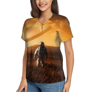 Camiseta de manga corta con cuello en V para mujer de alta calidad con imagen personalizada, algodón transpirable, entallada, tallas ajustadas, camiseta informal de gran tamaño, camiseta técnica lisa, de talla grande - Product Image 2