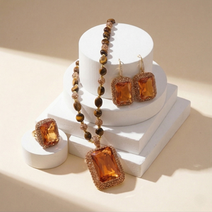 JOYE - Juego de Joyas de Cristal Ámbar Vintage al por Mayor, Juego de Collar, Pendientes y Anillo de 3 Piezas para Mujer, Accesorios Retro - Product Image 1