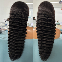 Perruques en cheveux humains ondulés profonds sans colle pour femmes noires, cheveux vierges bruts alignés avec les cuticules, perruque frontale transparente 13x4