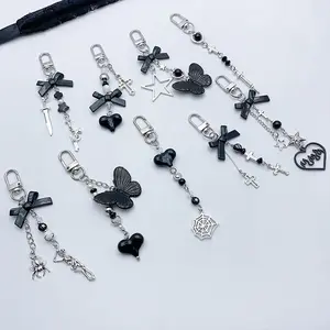 Schlussverkauf Telefon Charme Riemen Y2K Schlüsselanhänger gotischer Anhänger Schmuck Schlüsselanhänger Schnur schwarze Kreuzbogen Perlenkette für Damen