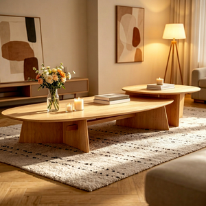 Modern Wooden Coffee <b>Table</b> Set Nesting Design Scandinavian Style Living Room Furniture Natural Finish Oval Shape - Product Image 1