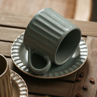 Vente en gros, prêt à expédier, ensemble tasse et soucoupe à café et thé vintage de luxe léger à motif rayé rétro, en céramique