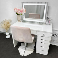 Table de toilette blanche haute brillance avec miroir éclairé par ampoules, 5 tiroirs, bureau de maquillage, ensemble de chambre à coucher moderne et luxueux avec chaise