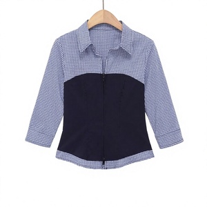 Blusa Casual de Mujer con Botones, Estampado a Cuadros Vintage, Transpirable, Media Manga, Cierre Frontal con Cremallera, Contraste de Color, Ajuste Regular, Tejido de Primavera - Product Image 3