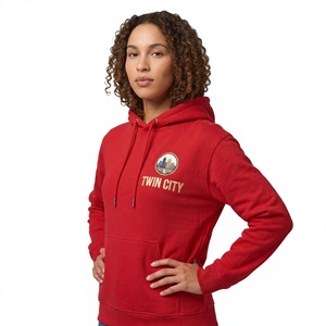Twin City Women's <b>Red</b> Hooded Sweatshirt With Gold Logo Embroidery Front Print Regular Fit Autumn Wear - Product Image 1