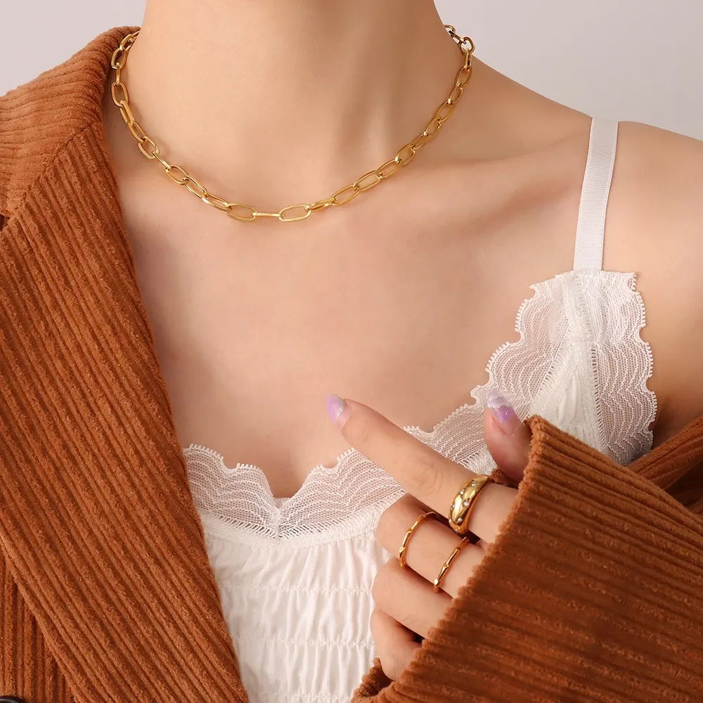 18K altın kaplama paslanmaz çelik kadınlar takı çift katmanlı yüzük kolye kağıt klip zincir kolye
