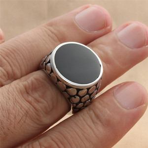 Men's <b>Titanium</b> Steel Round Epoxy <b>Ring</b> Silver Retro Punk Style Geometric Design Bezel Setting Gift Jewelry - Product Image 3