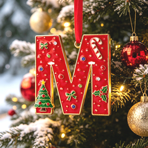 Ornement de Noël en alliage de zinc, lettre M, émail rouge, bordure dorée, décoration de Noël pour sapin, <span class=keywords><strong>canne</strong></span> à sucre, houx vert, nœud, pierre précieuse, décorations de fêtes - Product Image 1