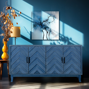 Buffet de salle à manger vintage Retroy à 4 portes, armoire de rangement bleu marine de 60 cm avec portes à panneaux en forme de M et base en bois massif - Product Image 4