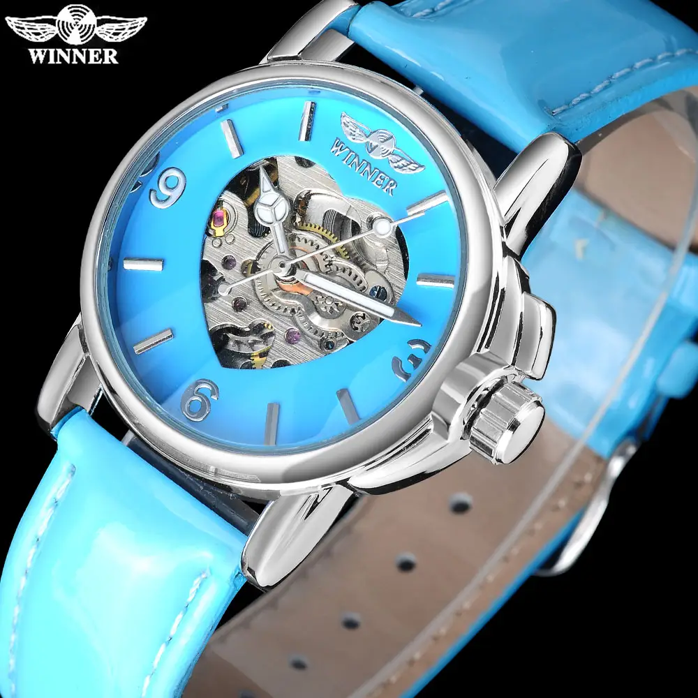 WINNER brand fashion casual watches women lady heart skeleton automatic mechanical wrist watches sky blue leather belt band