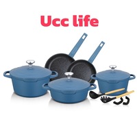 UCC LIFE Batterie de cuisine 12 pièces en émail métallique antiadhésive style coréen, comprenant poêle à frire, marmite, casserole à lait et ustensiles de cuisine, compatible induction et gaz