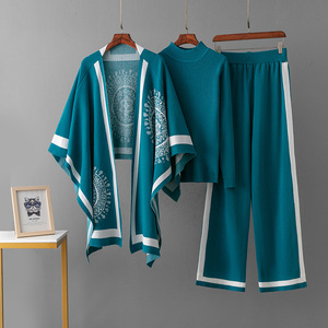 Conjunto de Tres Piezas de Chales de Punto de Viscosa con Estampado para Mujeres Musulmanas, Ropa Tradicional Elegante Antipilling - Product Image 1