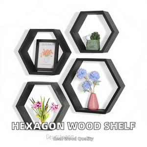 Étagères flottantes hexagonales en pin massif, noir antique, étagères murales géométriques, cadeaux et artisanat, décoration murale - Product Image 2