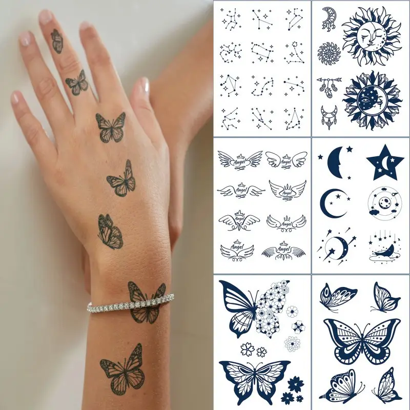 Herbal Ink Juice Semi Permanent Tattoo Custom Logo Waterproof Body Makeup Butterfly Hand Tattoo Sticker for Women