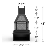 Cheminée à bois en fer noir mat avec foyer en maille, porte à charnières et rangement pour bûches, pour jardin et terrasse extérieure