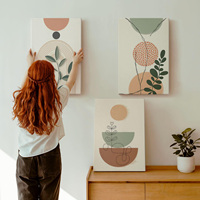 Lot de 3 tableaux sur toile abstraits avec motifs végétaux colorés, couleur beige, à suspendre