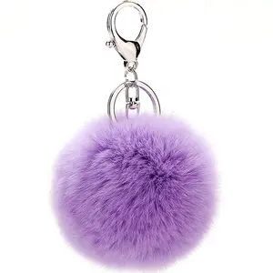 Promotion Gift Soft Pink Loved Heart Shaped Animal Rex Rabbit Furry Fur Pom Pom Ball Key Chain Accessories Keychains
