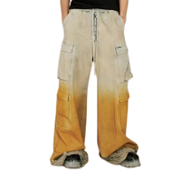 Jeans cargo dégradé ombré OEM ODM en gros à faible MOQ, avec ourlets effilochés, jaune coucher de soleil, pantalon en denim à cordon de serrage