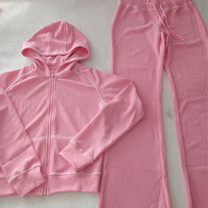 Benutzer definierte LOGO <span class=keywords><strong>2</strong></span>-teilige Damen Waffel Strick Set Reiß verschluss Hoodie Jacke und Wide Leg Flare Hosen Trainings anzug für Frauen Zweiteiliges Lounge Set - Product Image 3