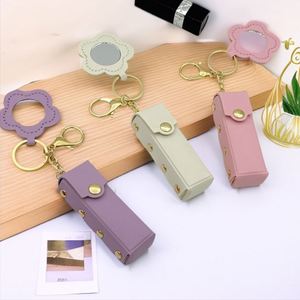 New Stylish PU Leather Lipstick Holder <b>Key</b> Chain with Mirror Portable Chapstick Sleeve Makeup Bag Soft Lip-Balm Holder - Product Image 3