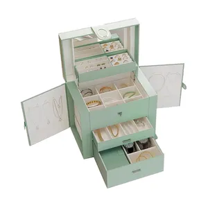 Grande mallette de rangement de bijoux en cuir PU de luxe avec mini mini boîte à bijoux portable à l'intérieur du tiroir organisateur à 4 couches