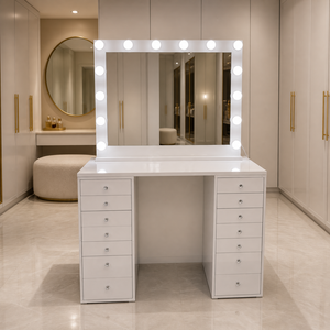 Juego de tocador blanco al por mayor con espejo LED, tiradores de cristal y unidades laterales con tapa de cristal para tienda de <span class=keywords><strong>muebles</strong></span> - Product Image 5