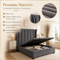 Cadre de lit moderne gris rembourré avec mécanisme de levage à gaz et rangement intégré, ouverture par le pied, pour chambre King ou Queen