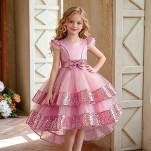Robe de <span class=keywords><strong>princesse</strong></span> pour filles, style européen et américain, avec nœud papillon en maille et sequins, idéale pour les spectacles de piano et les demoiselles d'honneur. - Product Image 1