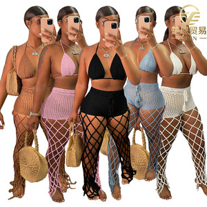 Handmade Summer Swimwear &amp; Beachwear See Through Beach Cover up Bra Hollow Out Fishnet Pants Mesh 2 Two Piece <strong>Crochet</strong> <strong>Set</strong> Women - Product Image 1