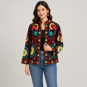 Artisan Black Hand Embroidery Knitted Breathable Jacket Women Boho Chic Winter Bomber Handmade Masterpiece Ethnic Needlework - Product Image 1