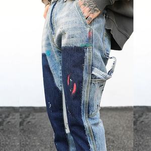 Custom <b>Men</b> Vintage Light Blue Patchwork Stacked Straight Distressed Leg Paints Splatter <b>Flared</b> Denim Carpenters <b>Jeans</b> - Product Image 4