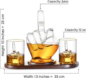Handmade Mouth Blown High Borosilicate Glass Middle Finger Shape <b>Whiskey</b> <b>Decanter</b> <b>Set</b> 2 Glasses Wood Base 1000ml Bar Accessories - Product Image 3