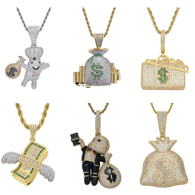 Pendentif de sac d'argent personnalisé européen Hip Hop 18K plaqué or diamant glacé CZ Dollar signe pendentif collier pour hommes femmes bijoux