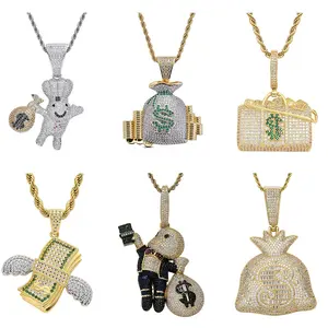 Colgante de bolsa de dinero personalizada de Hip Hop europeo para hombre y mujer, collar con colgante de oro de 18K con diamantes Iced Out CZ, signo de dólar, joyería