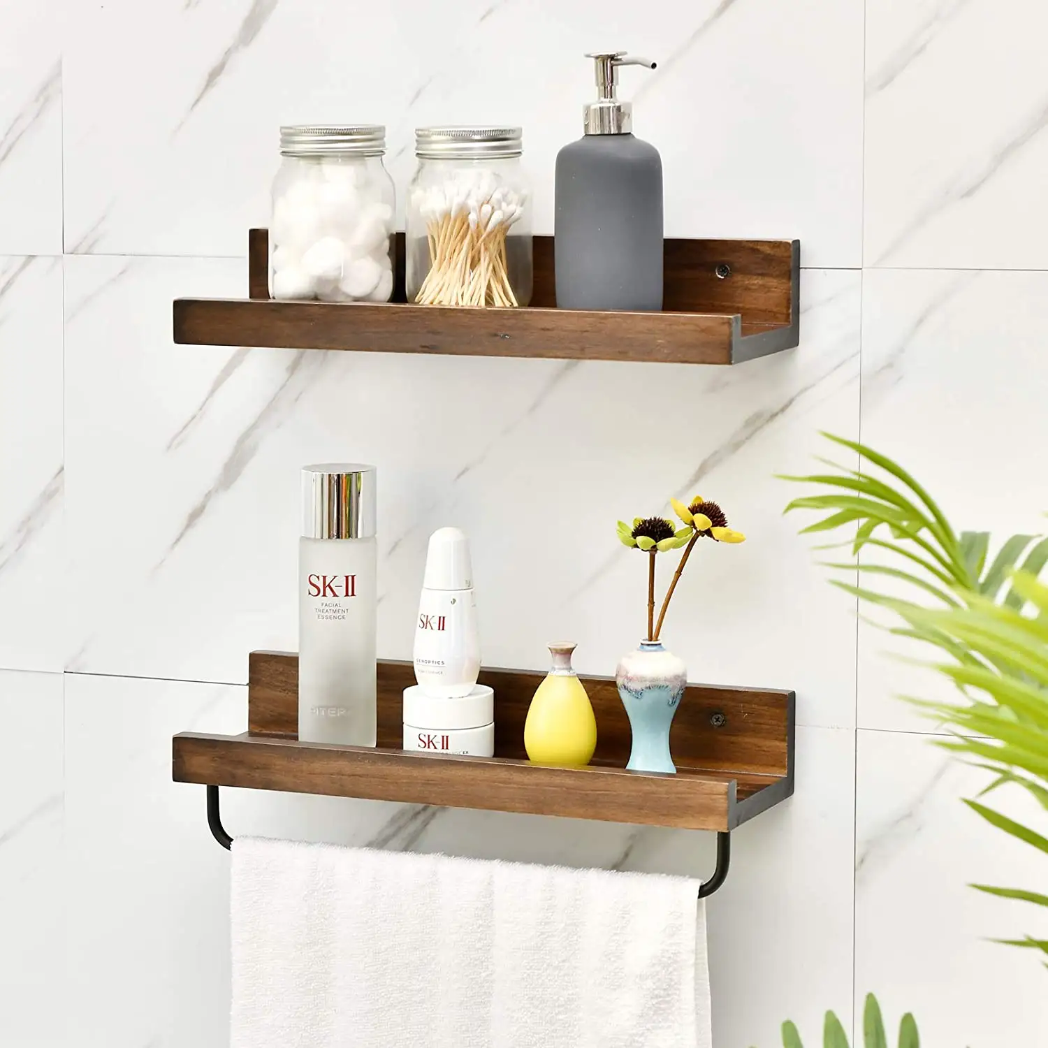 Wall Mounted Storage Organizer Rack Prateleira de parede flutuante de madeira para sala Quarto Banheiro Com Metal Bar e Ganchos