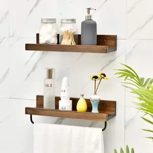 Wall Mounted Storage Organizer Rack Wooden Floating Wall Shelf For Living Room Bedroom Bathroom With Metal Bar And Hooks