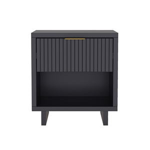Nightstand In Charcoal Gray With Vertical Panel Design And <b>Open</b> Shelf <b>Storage</b> For Bedroom Use - Product Image 1