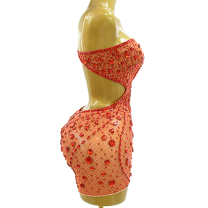 <span class=keywords><strong>Mini</strong></span> Abito da Donna <span class=keywords><strong>in</strong></span> Rete Trasparente Arancione Rosso con Strass, Halter, Cut-out, Bodycon, per Spettacoli e Serate - Product Image 4